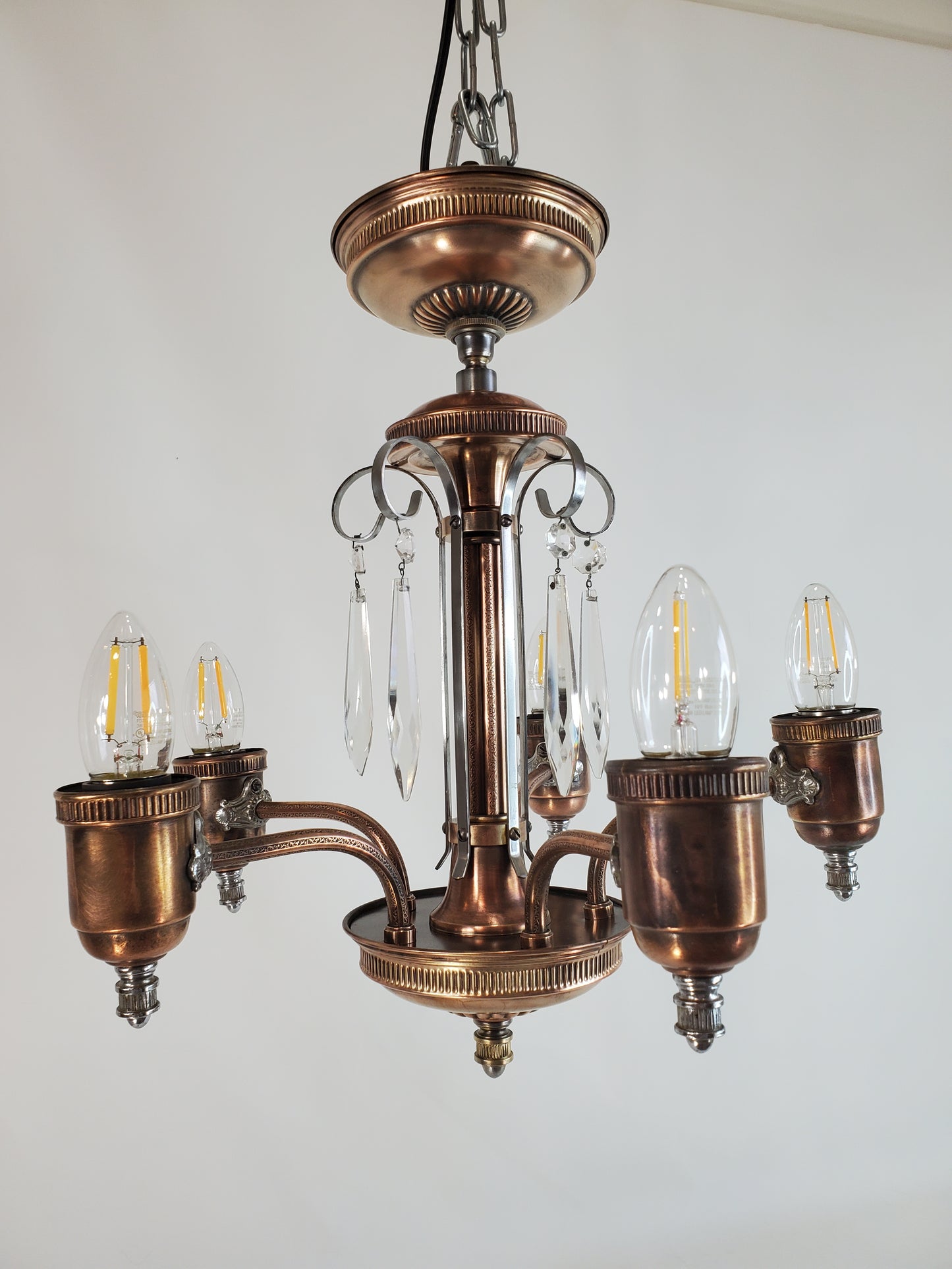 1920s Art Deco Lightolier 5-Arm Copper & Nickel Chandelier
