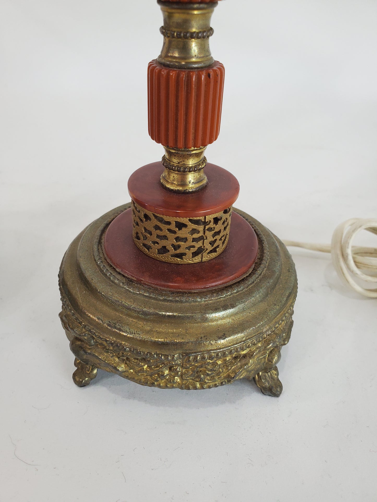 1920s Brass Filigree and Butterscotch Bakelite Boudoir Table Lamp Pair