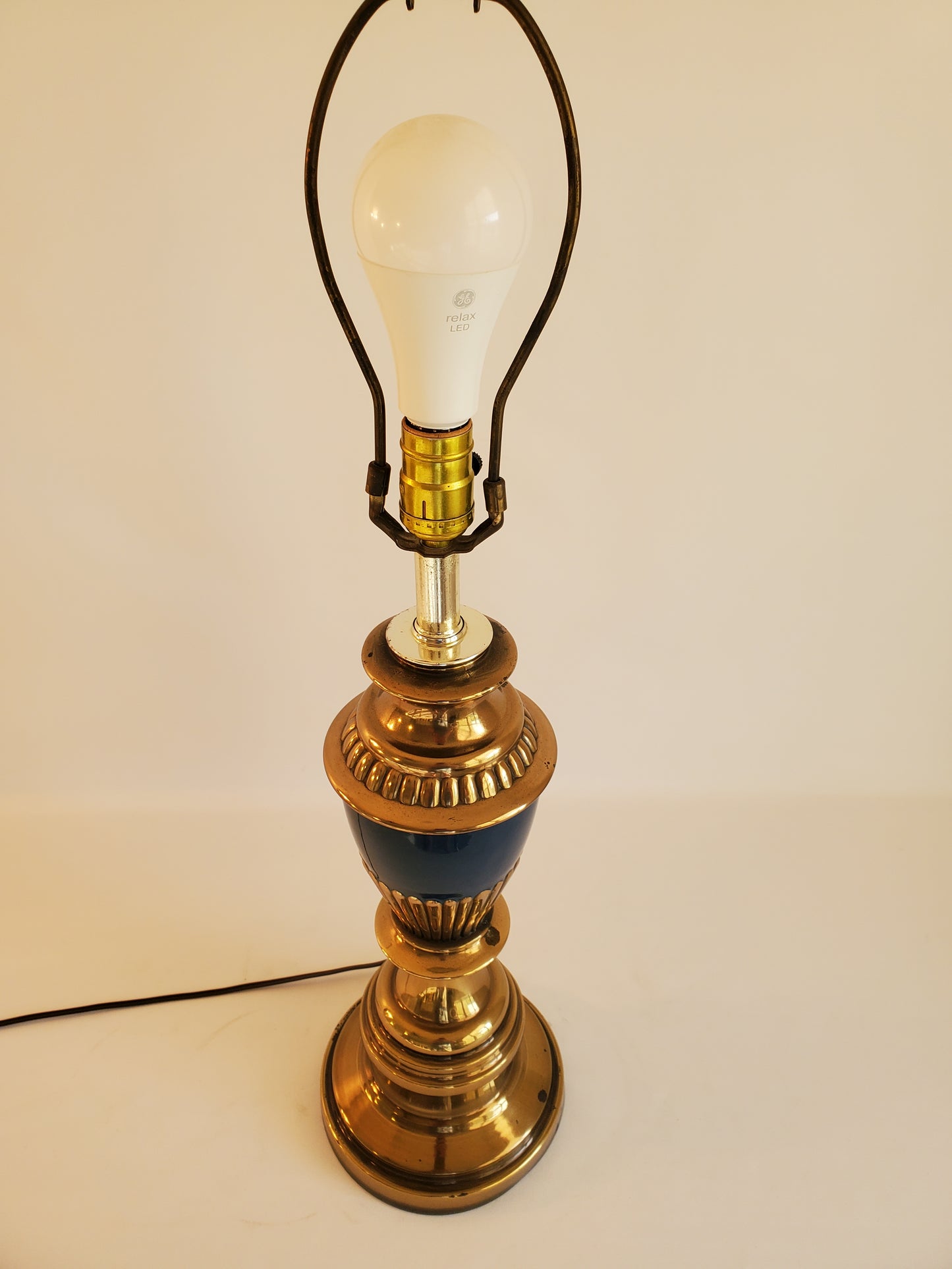 Vintage Brass and Blue Enamel Neoclassical Trophy Table Lamp
