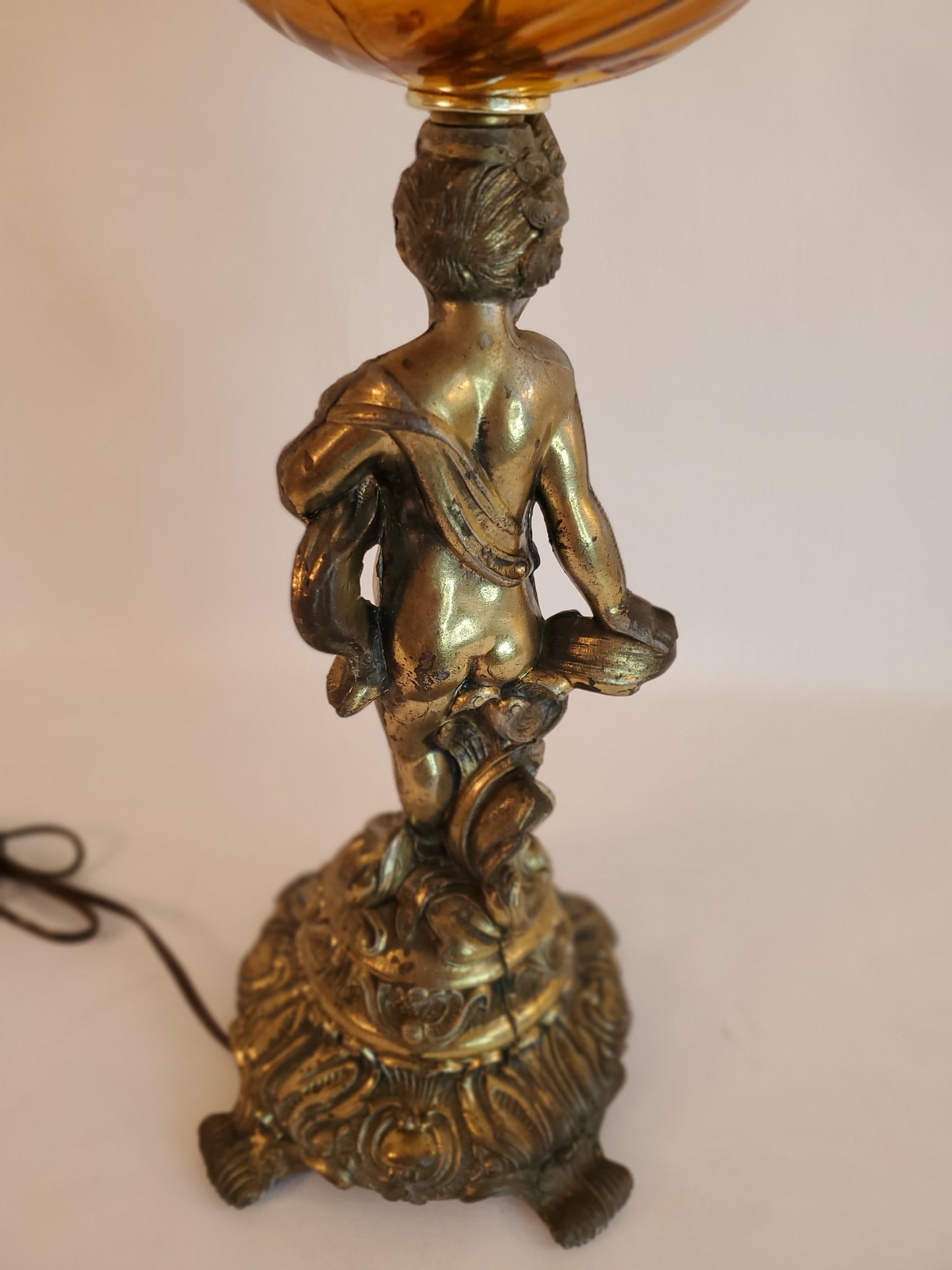 Cherub Table Lamp Hollywood Regency Bronze Amber Glass Mid Century Three Way Switch