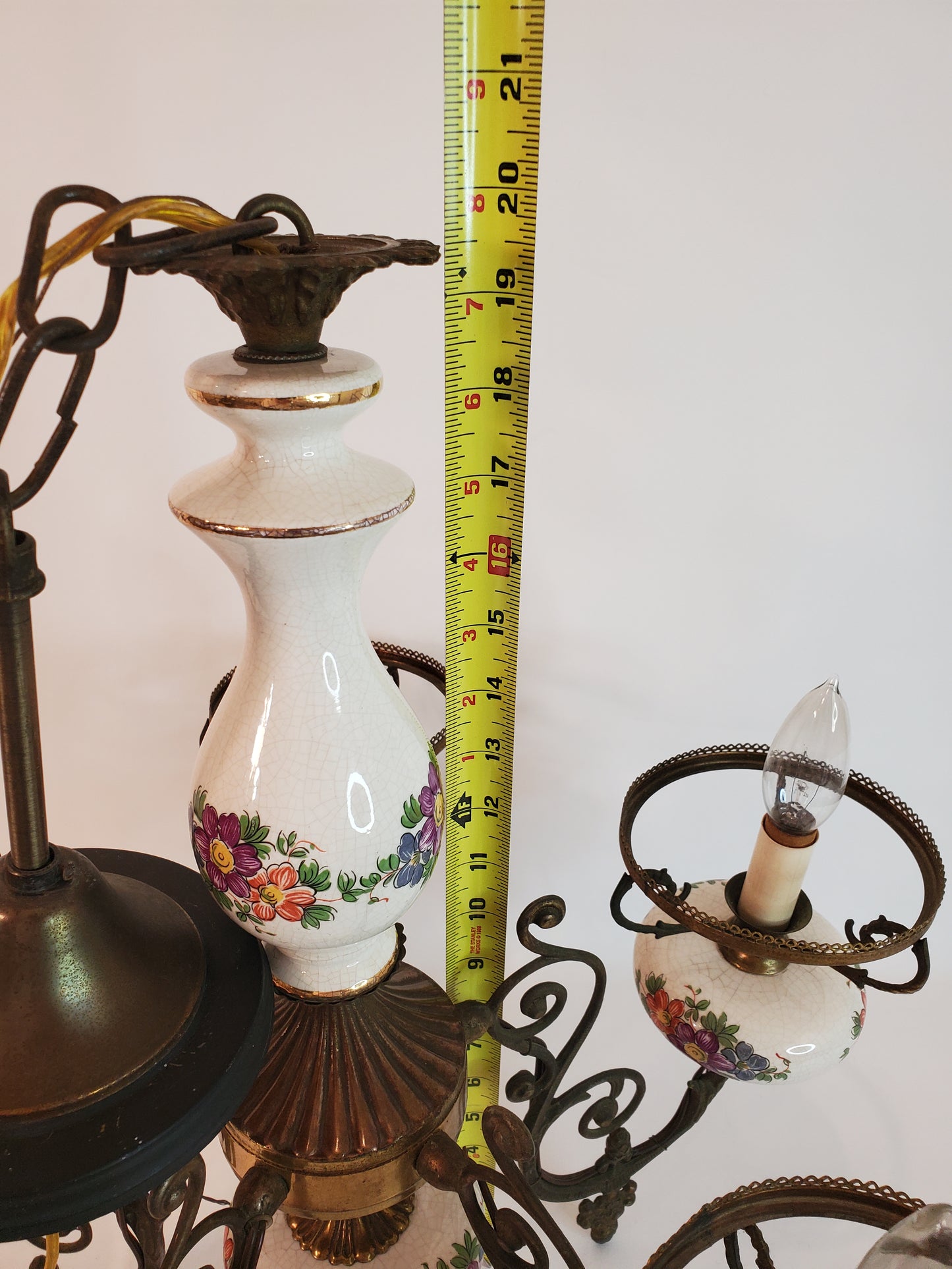 French Country Style Porcelain and. Brass 5-Ligth Chandelier