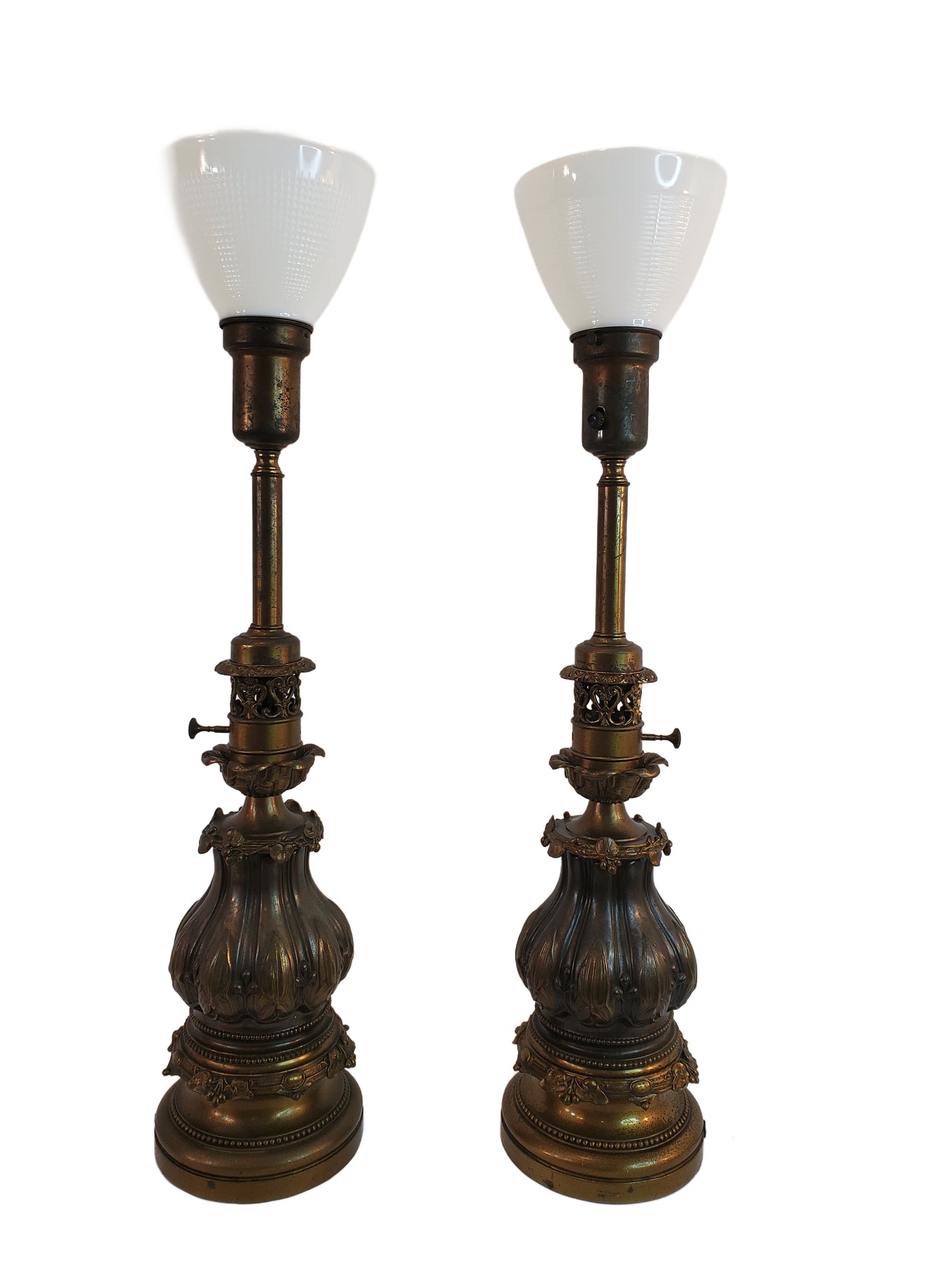 1940s Pair of Stiffel Brass Torchiere Lamps - Acanthus Leaf