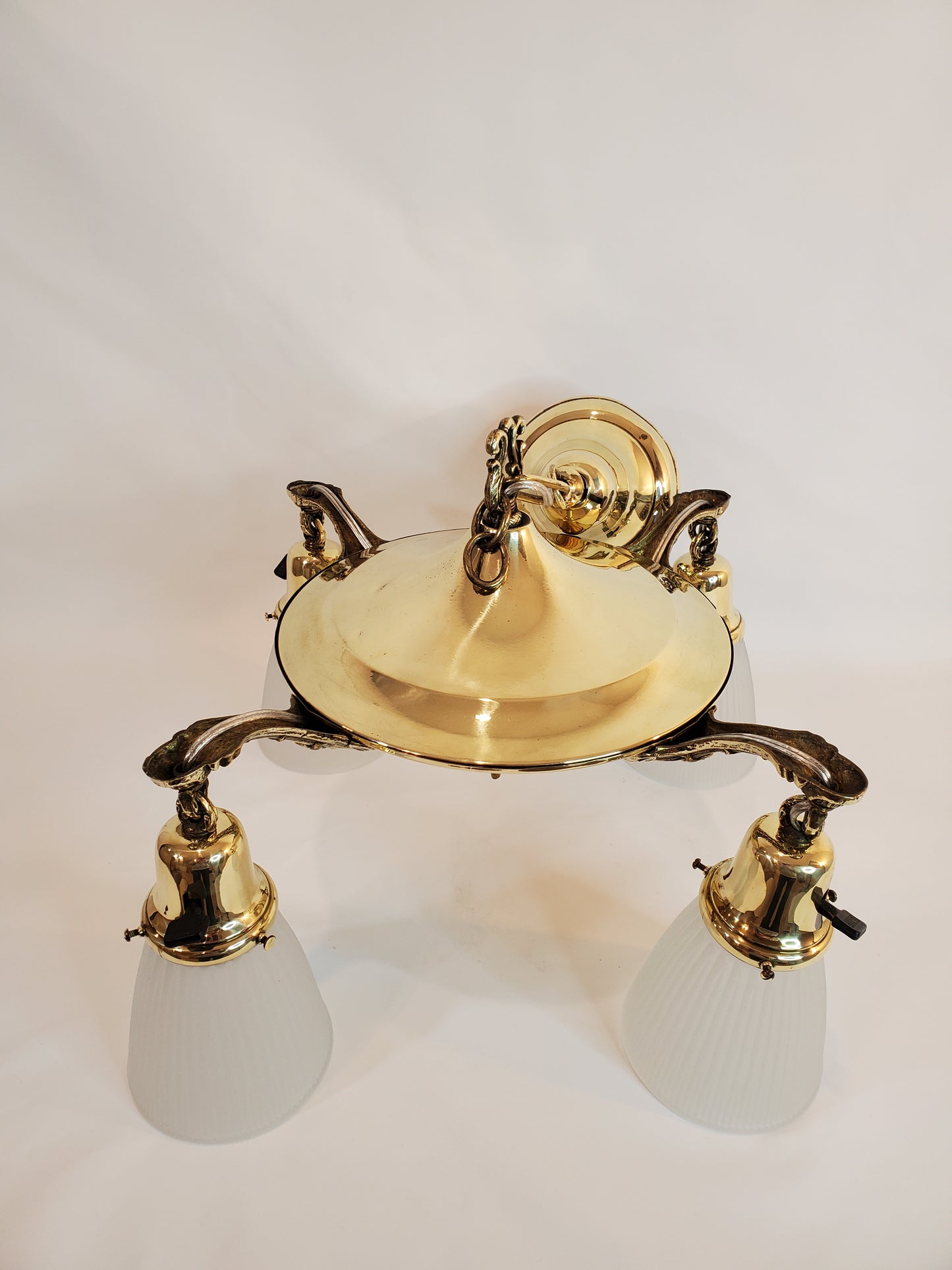 1930s Brass Pan 4-Light Chandelier - All Original - Rewired