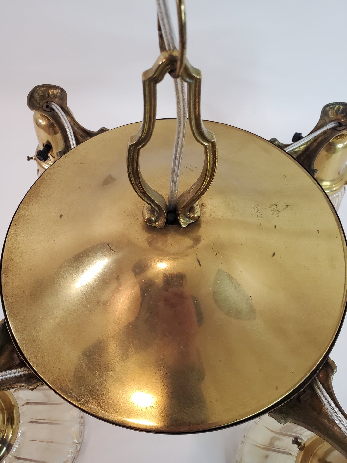 1930s Brass Pan 4-Light Chandelier - With Globes - Rewired