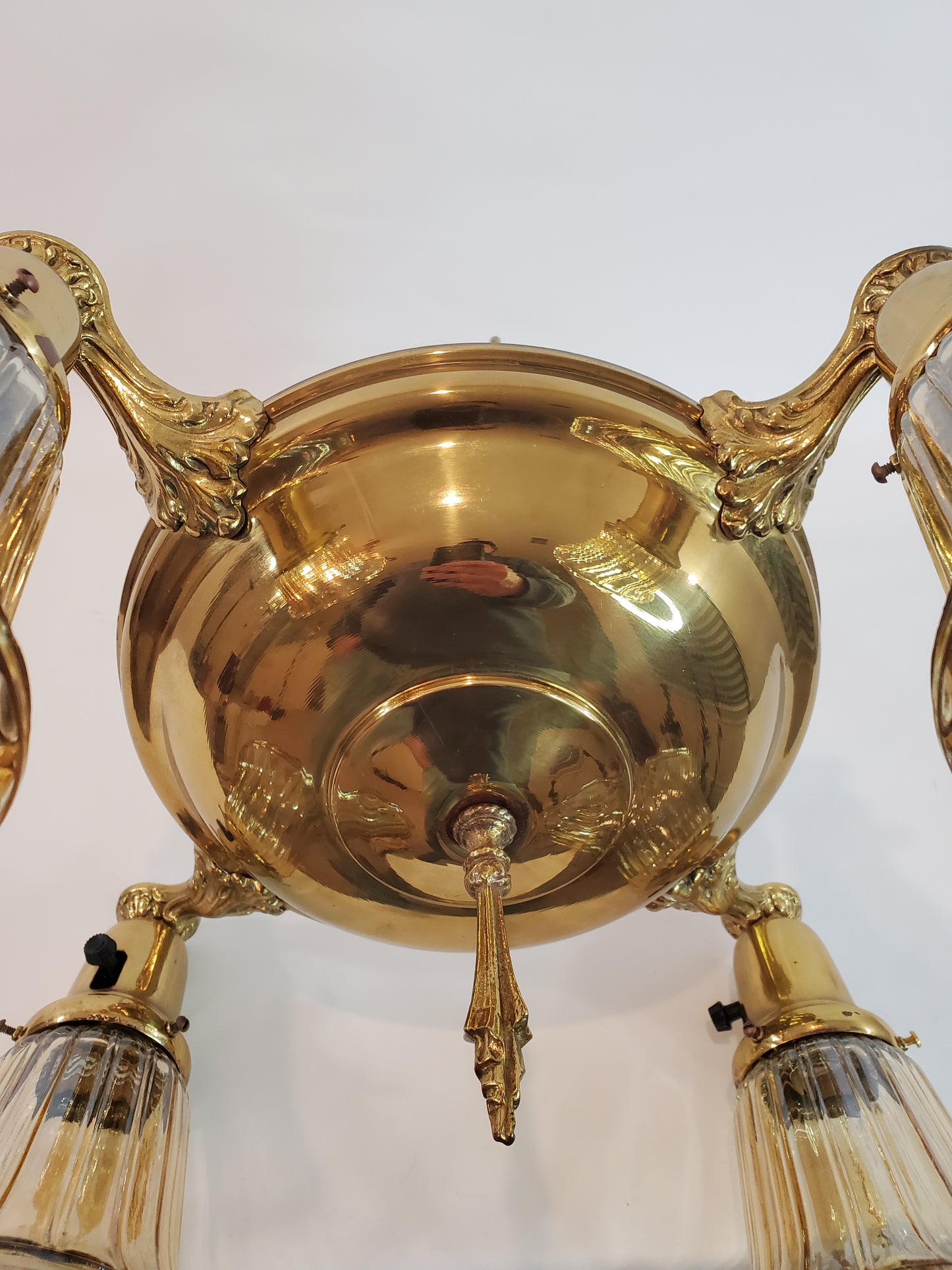 1930s Brass Pan 4-Light Chandelier - With Globes - Rewired