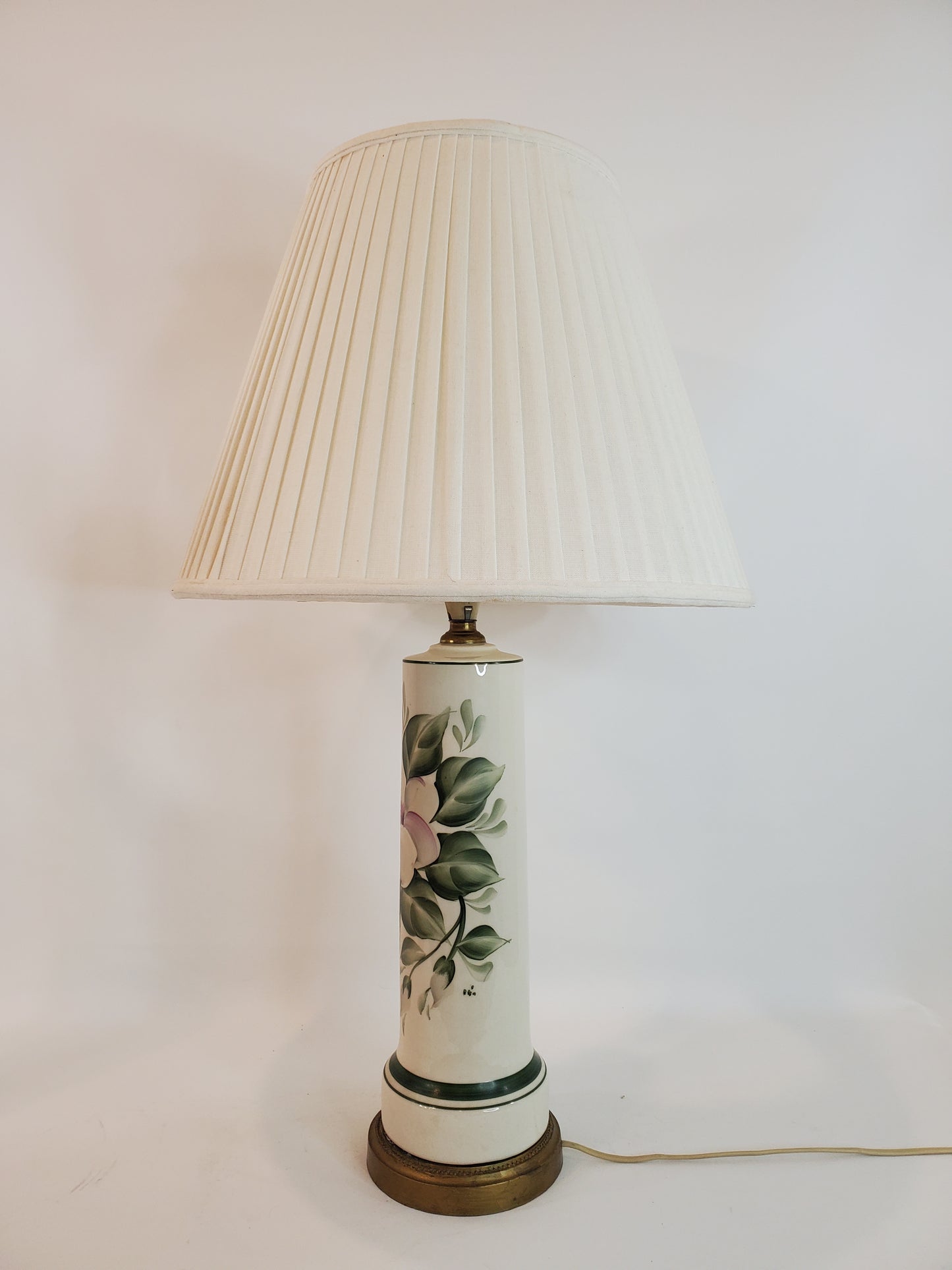 Pair Vintage Porcelain Brass Hand Painted Floral Table Lamps
