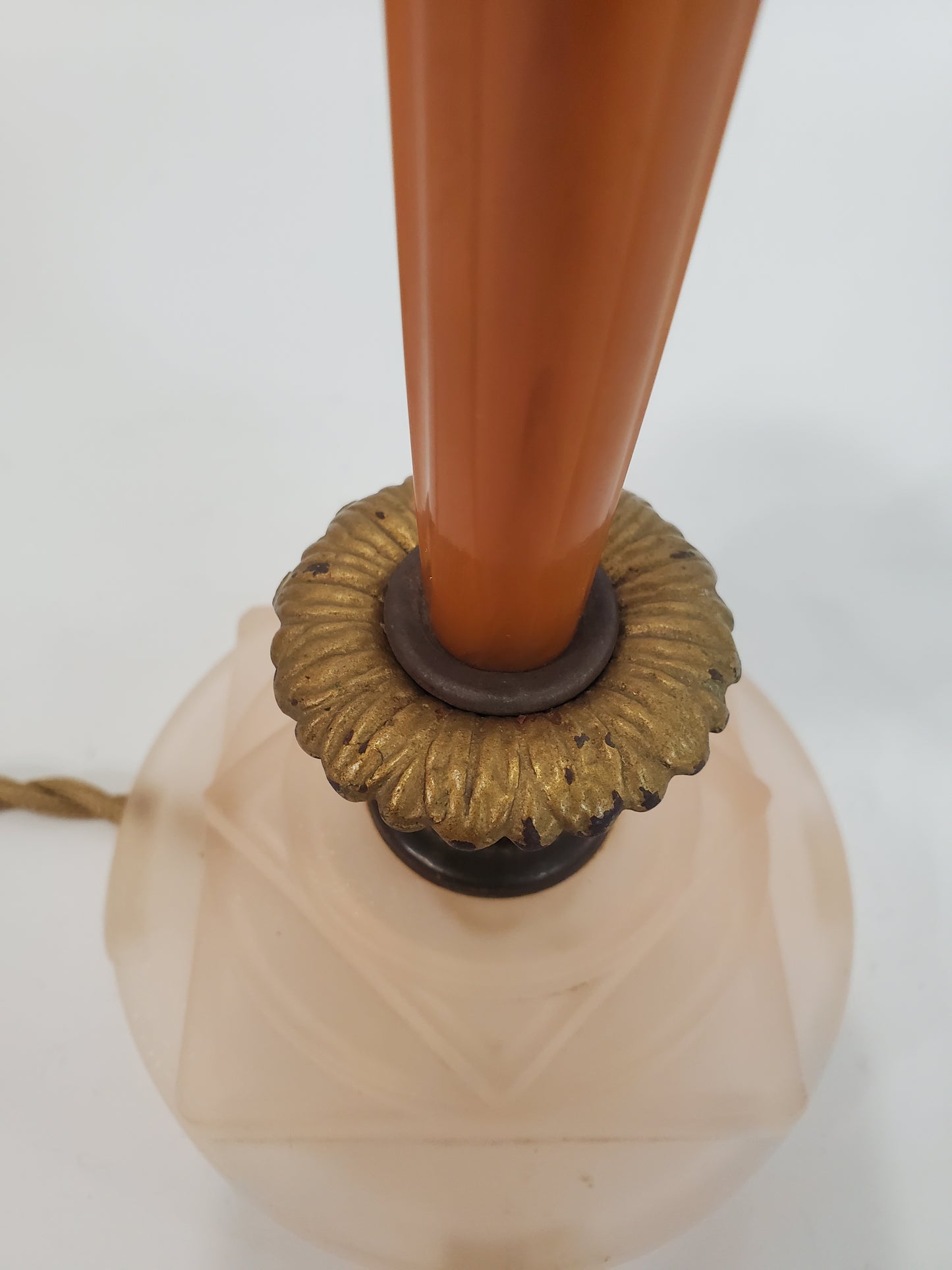 Vintage Art Deco Butterscotch Bakelite Table Lamp w/ Pink Depression Glass Base - 1930s