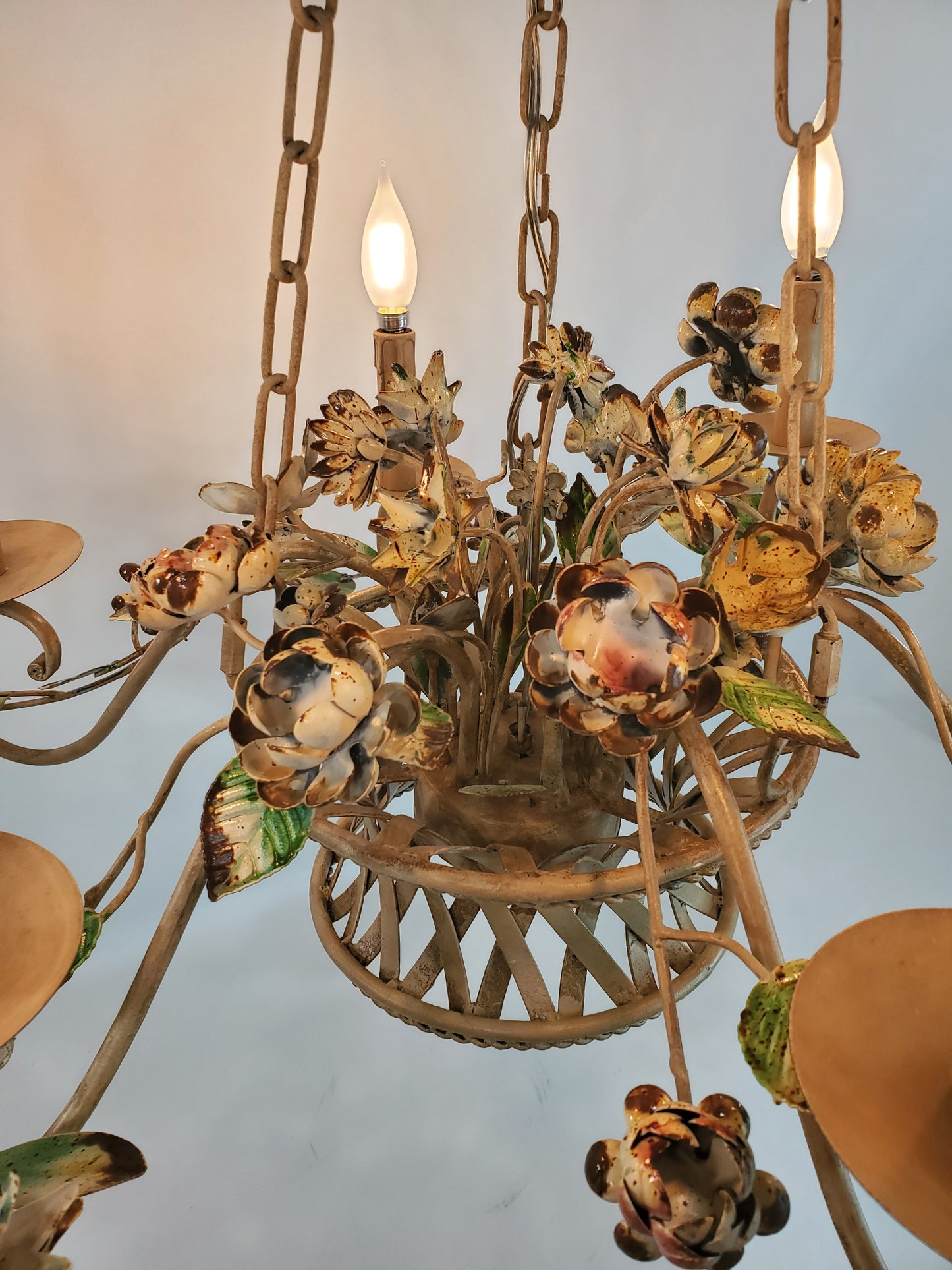 Vintage Floral Tole Metal with Painted Porcelain 6 Arm Chandelier
