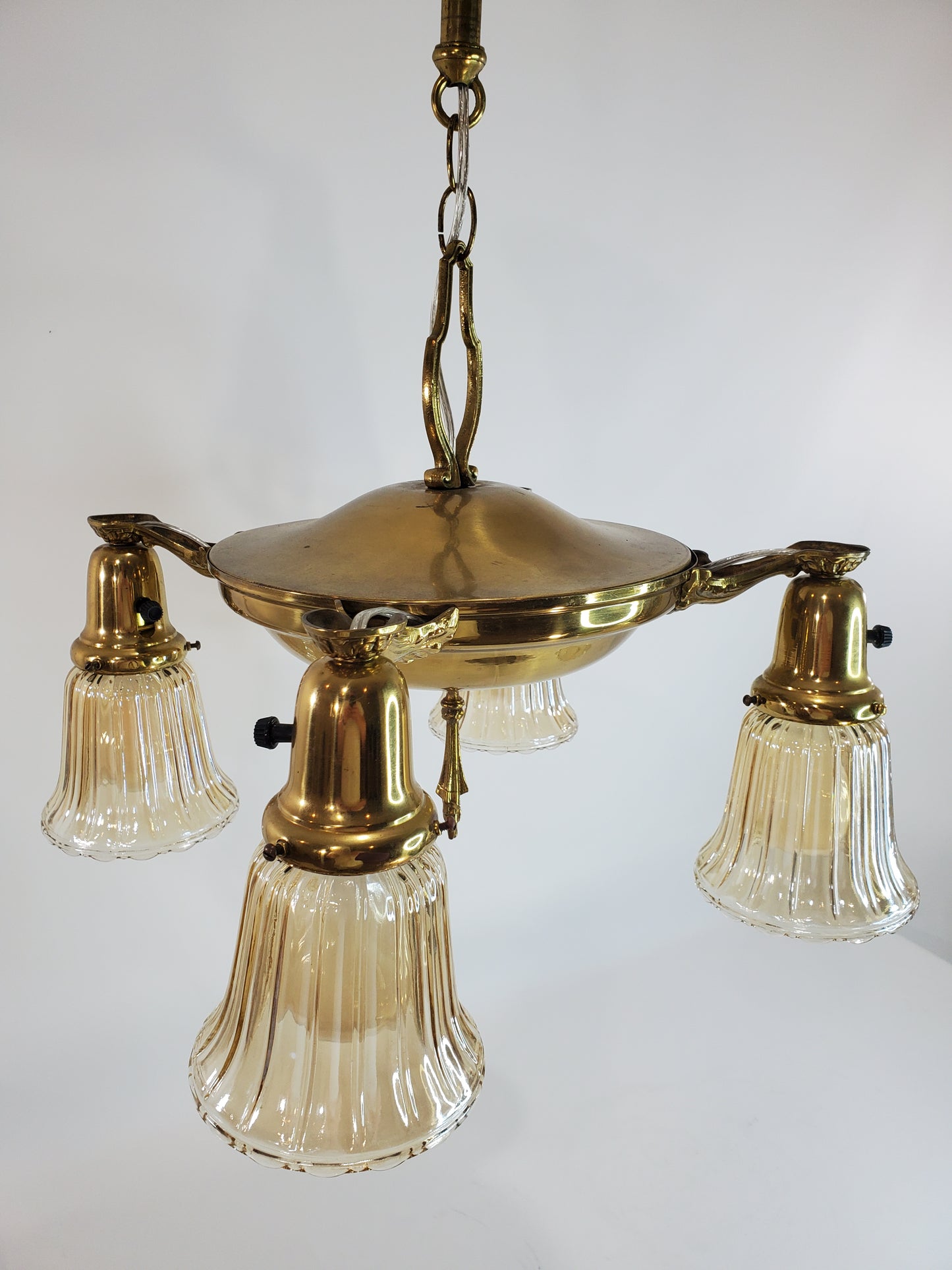 1930s Brass Pan 4-Light Chandelier - With Globes - Rewired