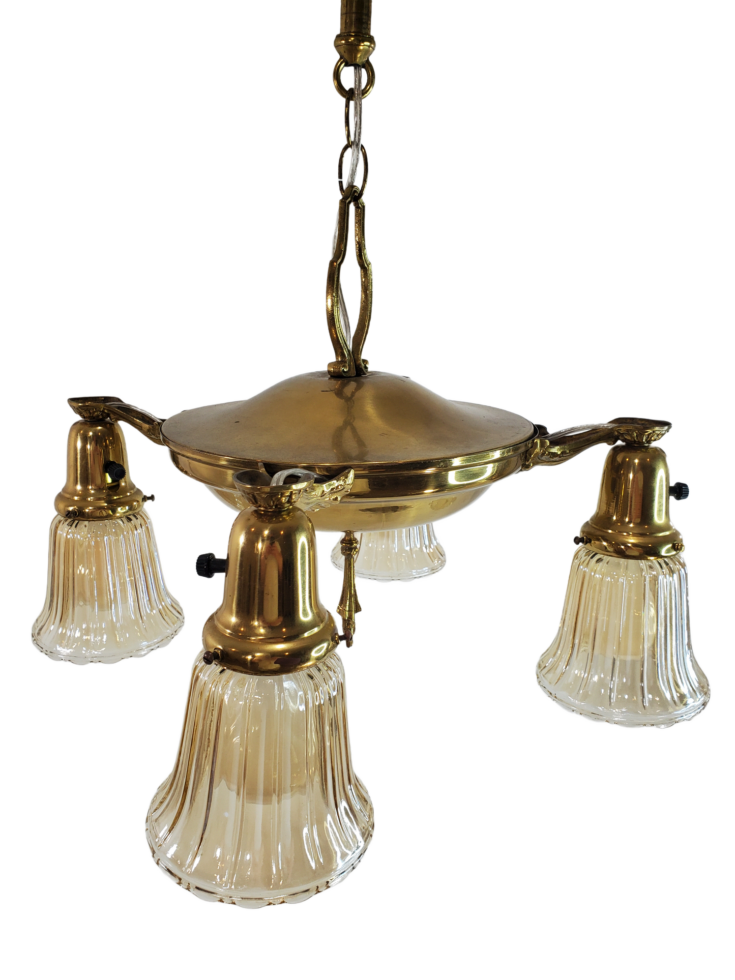 1930s Brass Pan 4-Light Chandelier - With Globes - Rewired