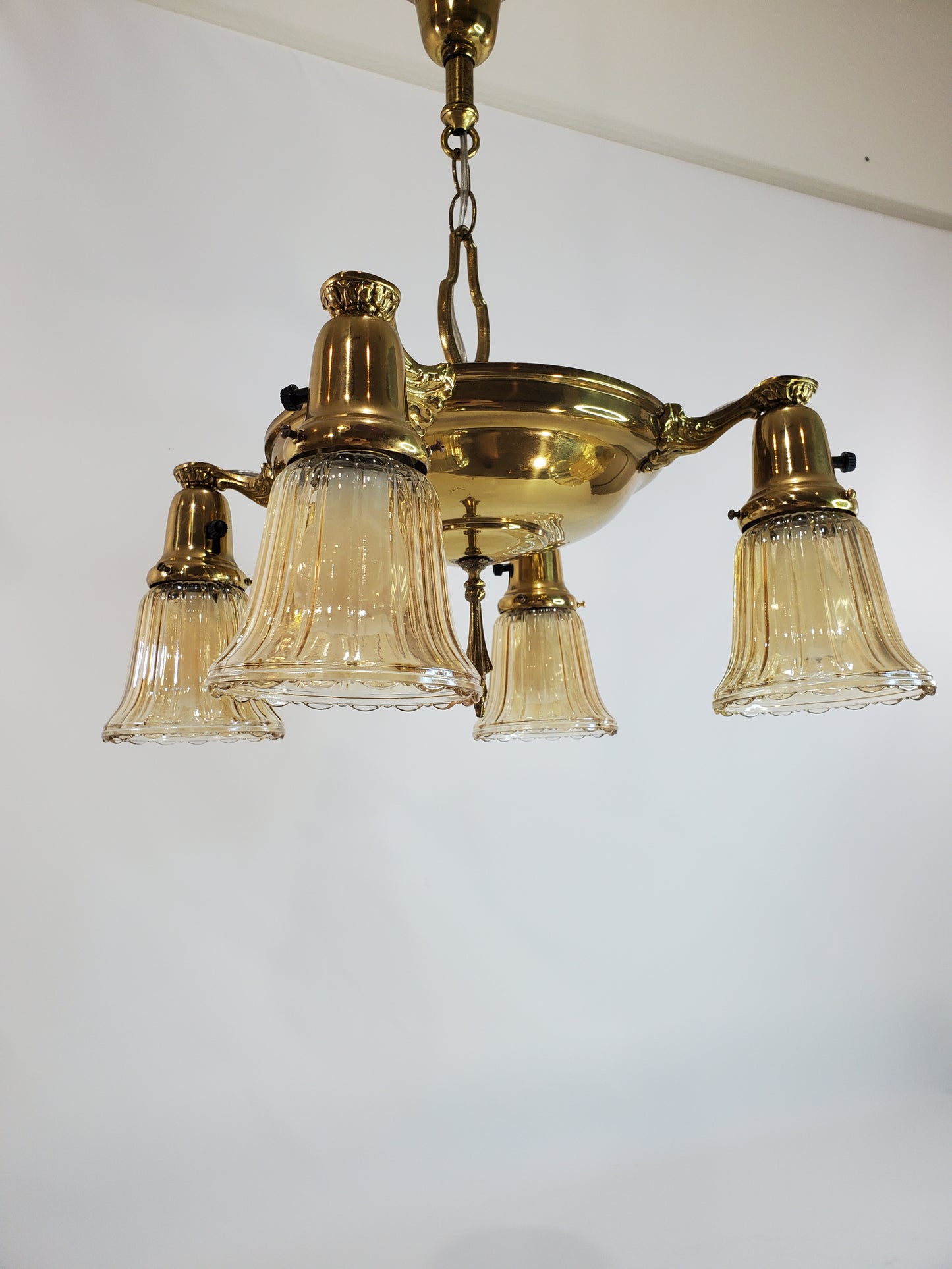 1930s Brass Pan 4-Light Chandelier - With Globes - Rewired