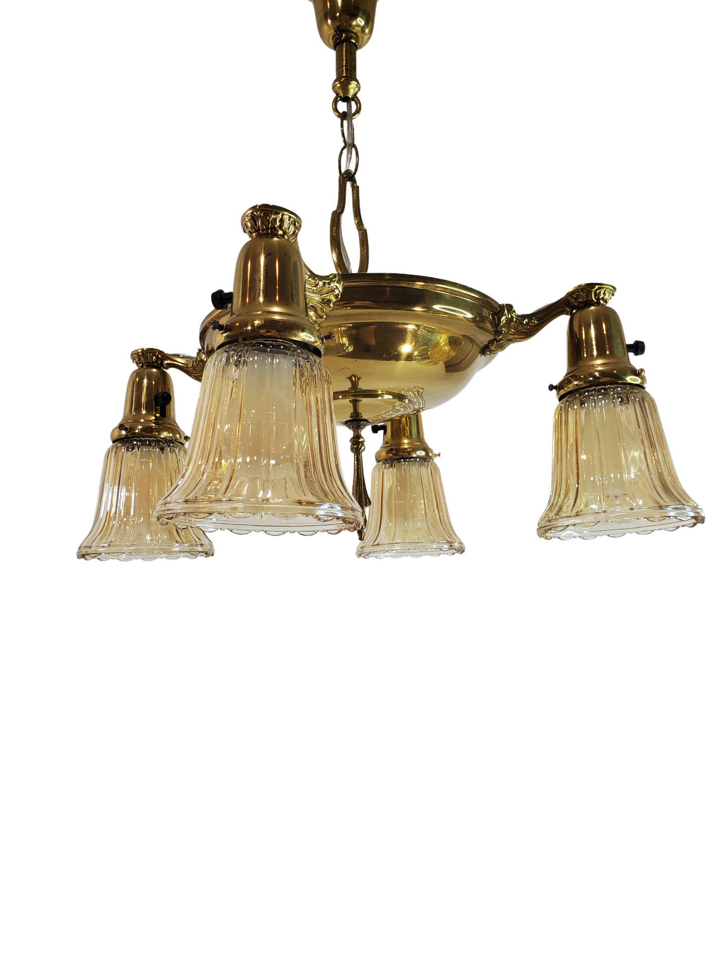 1930s Brass Pan 4-Light Chandelier - With Globes - Rewired