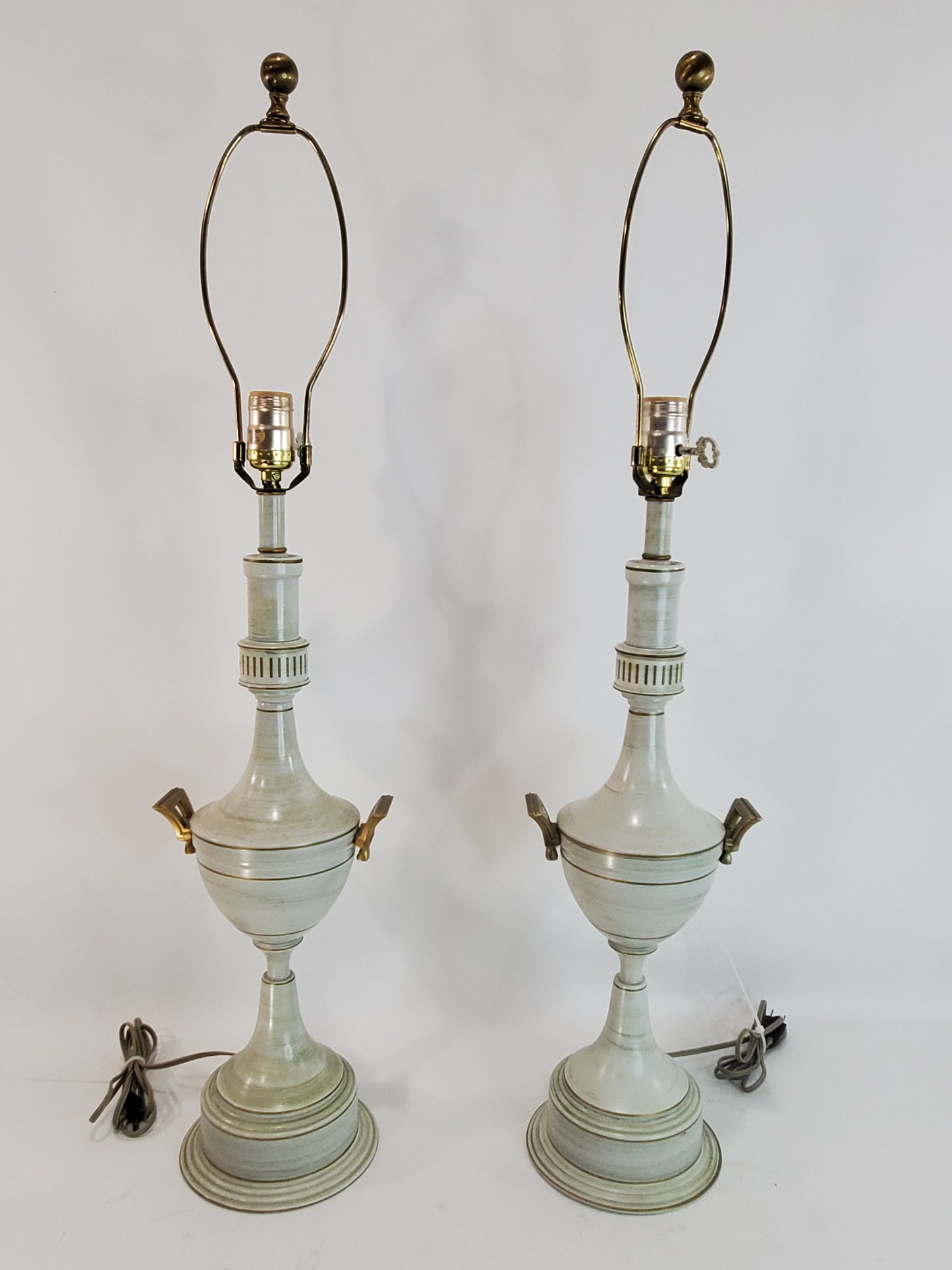 Pair Vintage Hollywood Regency Painted Trophy Urn Table Lamps