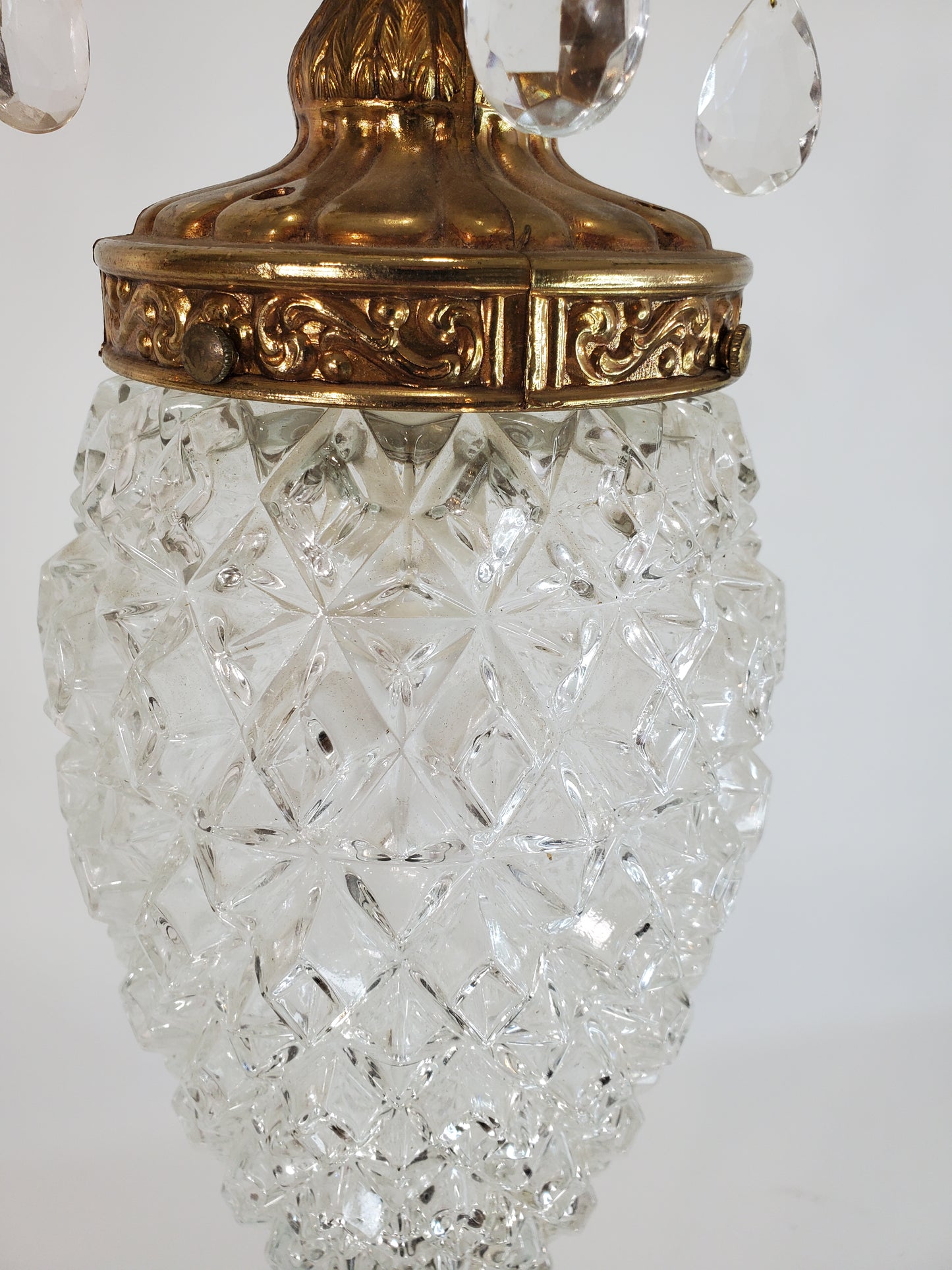 Pair Vintage MCM Hollywood Regency Swag Pineapple Glass Pendant Lights