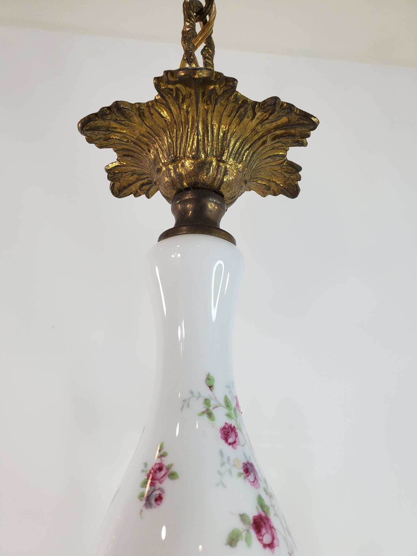 Mid-Century Brass and Porcelain 5-Light Floral Chandelier