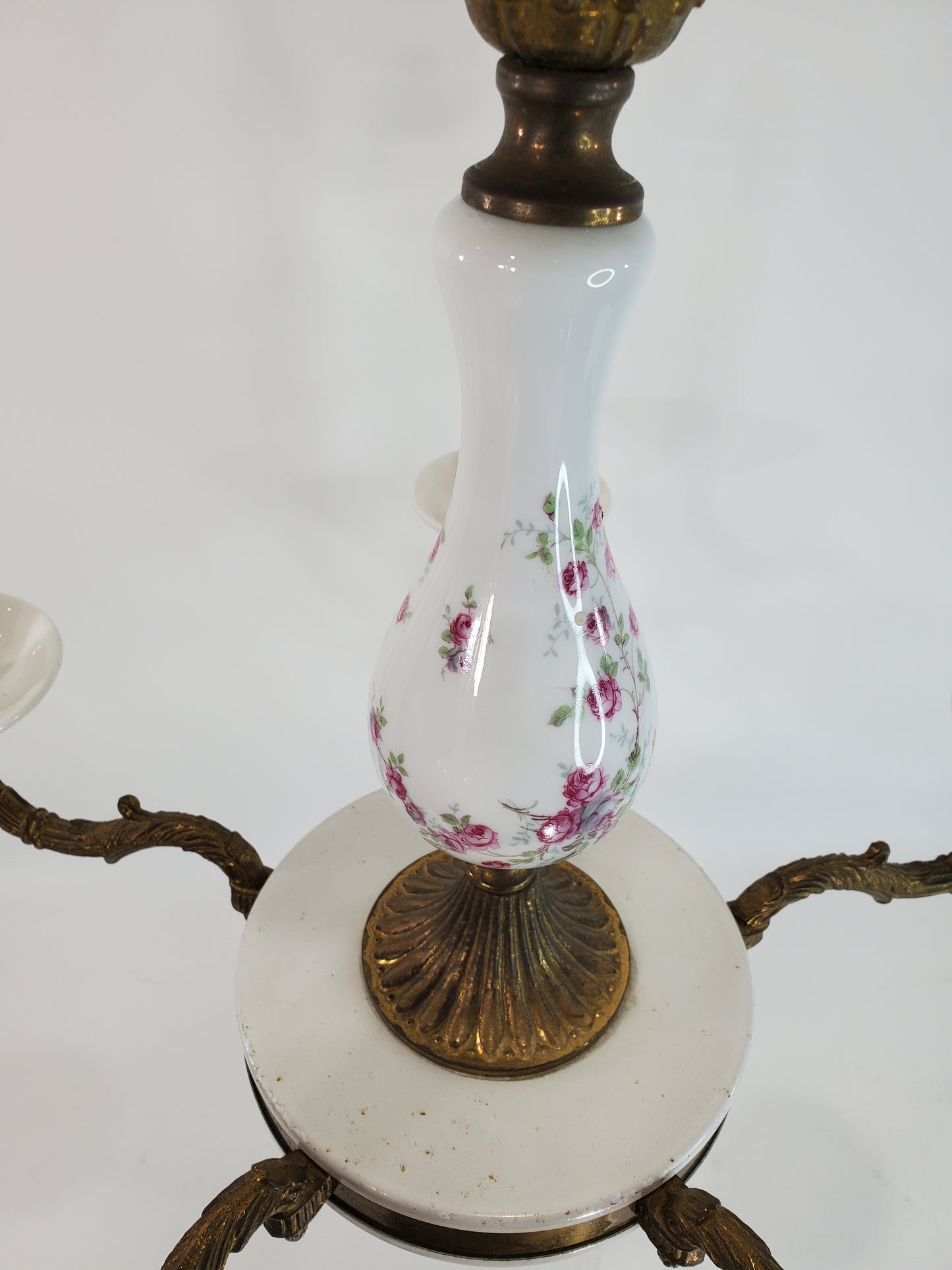 Mid-Century Brass and Porcelain 5-Light Floral Chandelier