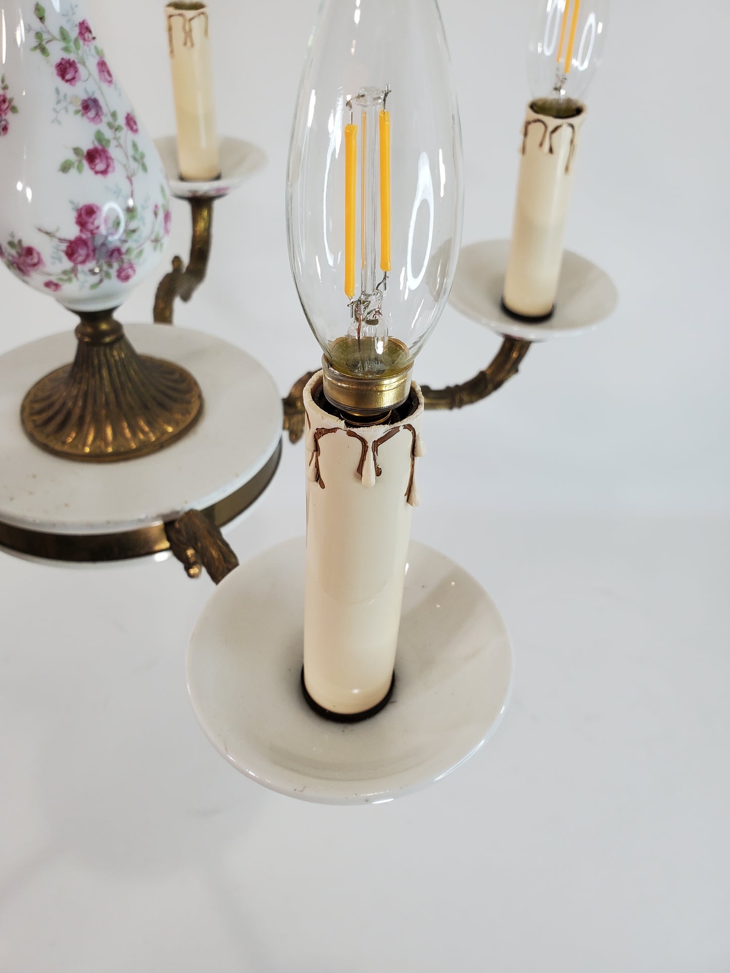 Mid-Century Brass and Porcelain 5-Light Floral Chandelier