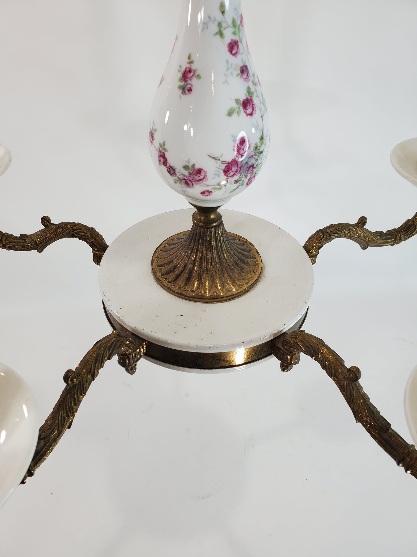 Mid-Century Brass and Porcelain 5-Light Floral Chandelier