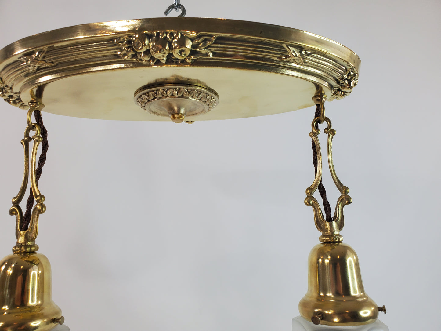 Antique Flush Mount Brass 2-Light Chandelier 1920s