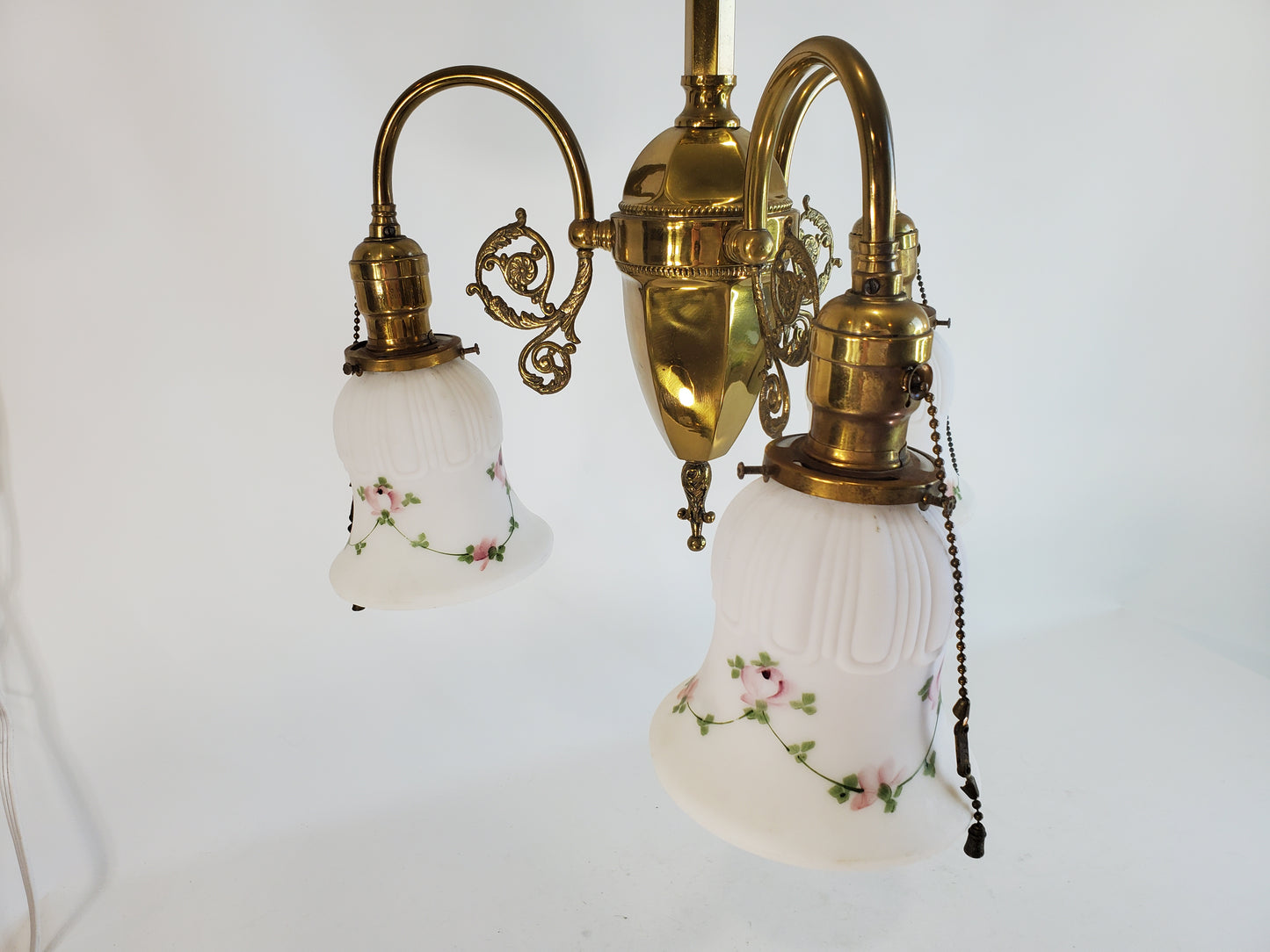 Antique Victorian Brass 3-Light Pendant Chandelier Circa 1920