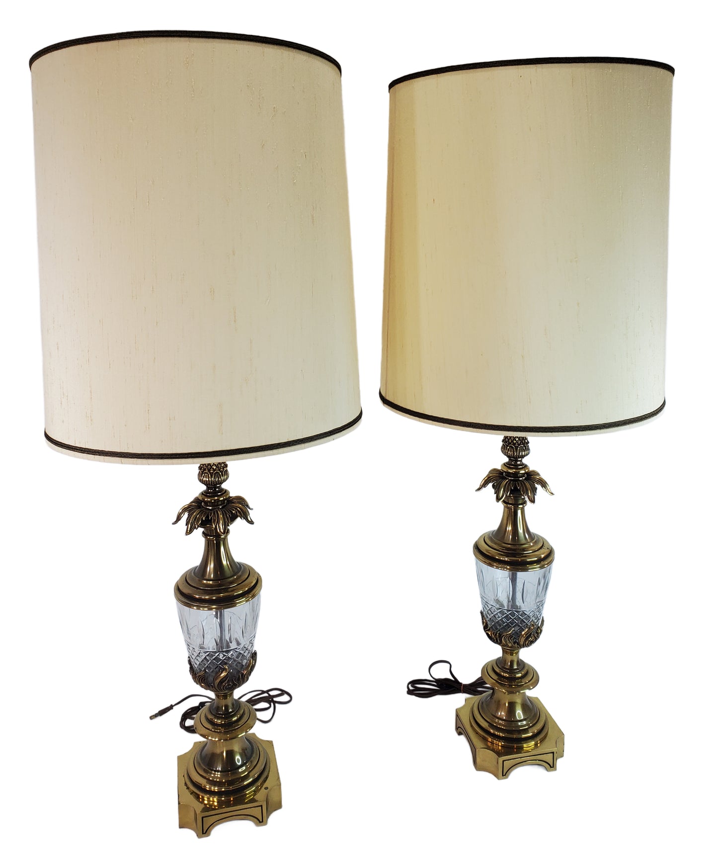 Pair Stiffel Brass Crystal Glass Lamps - Pineapple Hollywood Regency