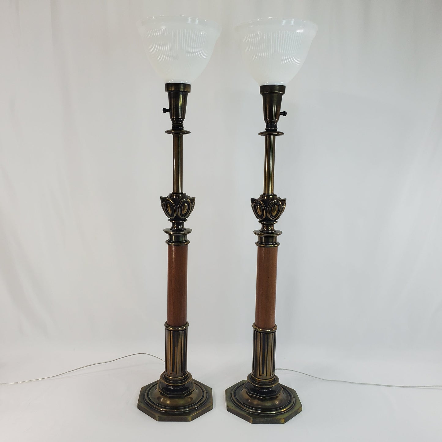 Pair Vintage Stiffel Torchiere Table Lamps Brass Wood - Rare Neoclassical Design