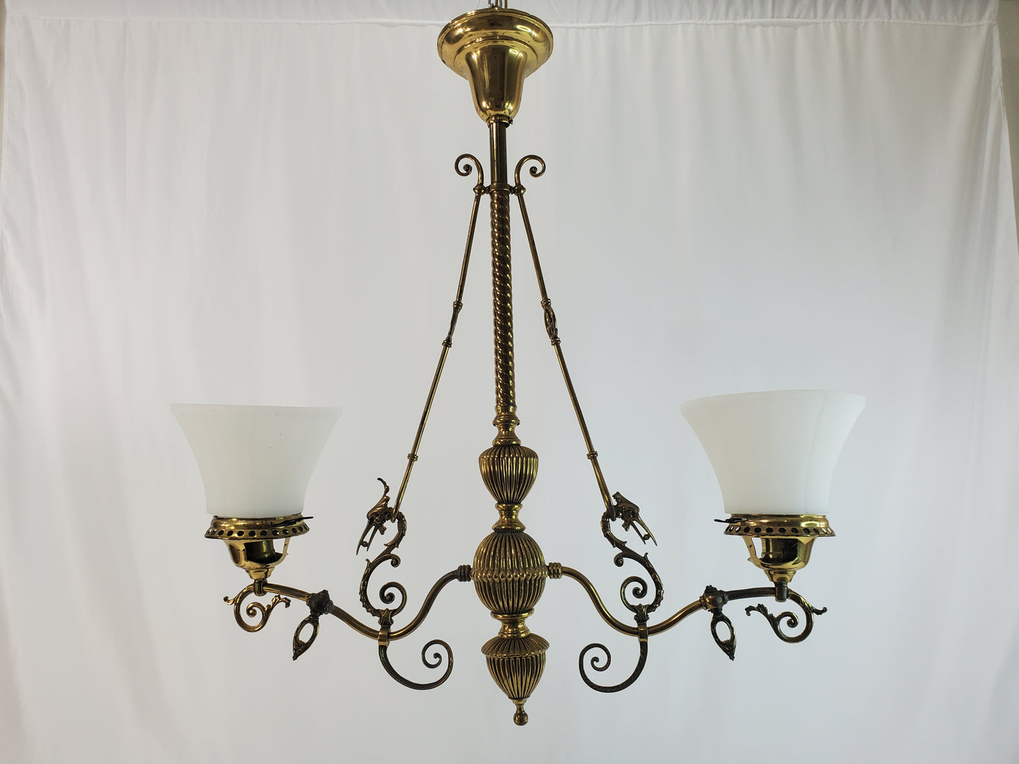 1890s Victorian Gasolier Style 2-Light Brass Chandelier