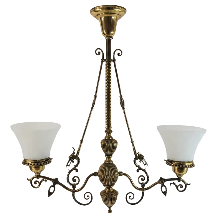 1890s Victorian Gasolier Style 2-Light Brass Chandelier