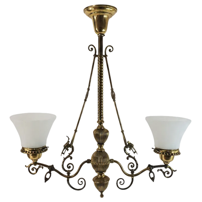 1890s Victorian Gasolier Style 2-Light Brass Chandelier