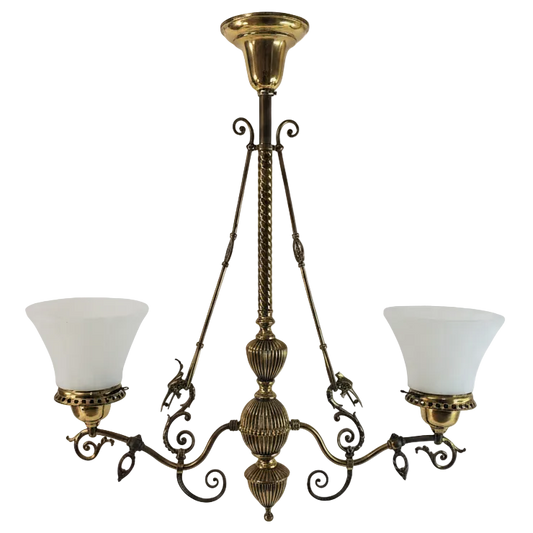 1890s Victorian Gasolier Style 2-Light Brass Chandelier