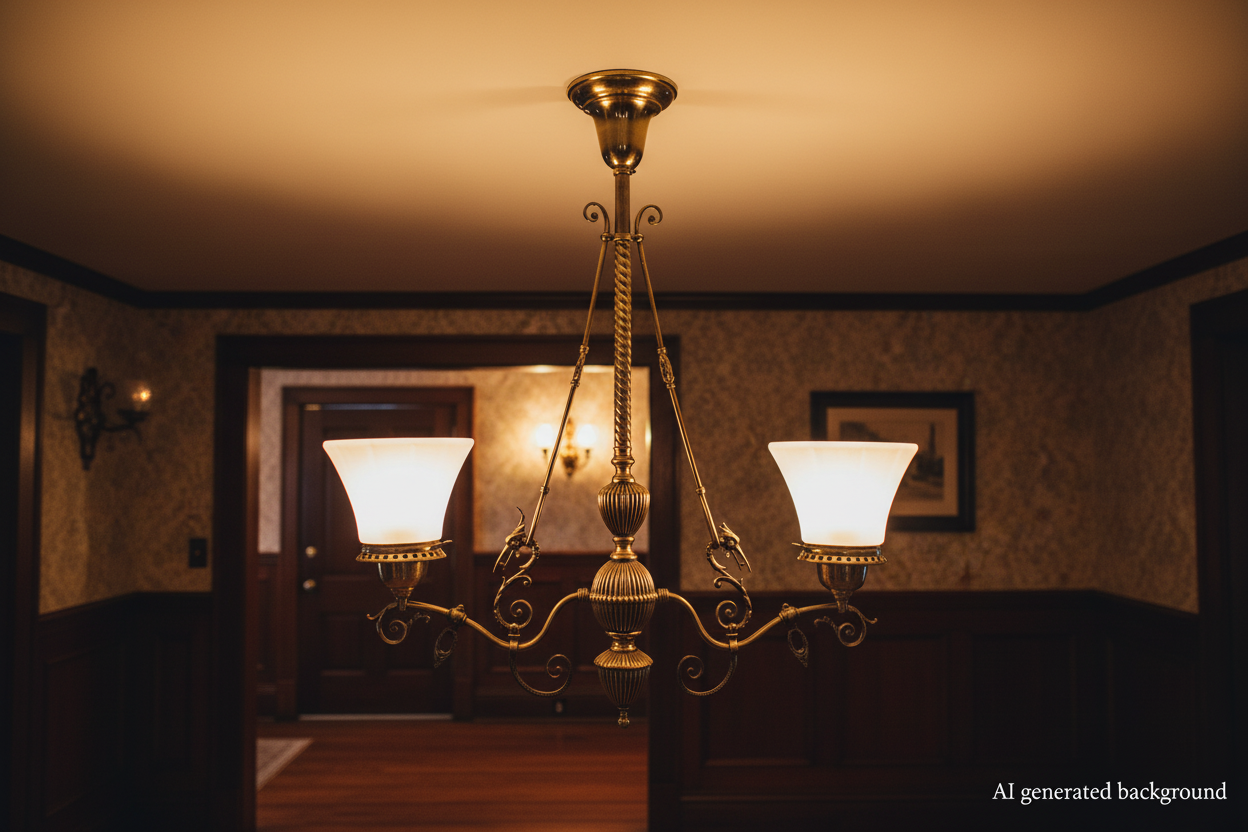 1890s Victorian Gasolier Style 2-Light Brass Chandelier