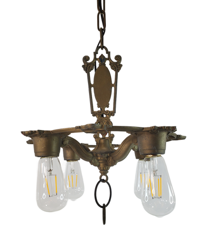 1920s Antique Art Deco 4 Light Chandelier by Riddle Co