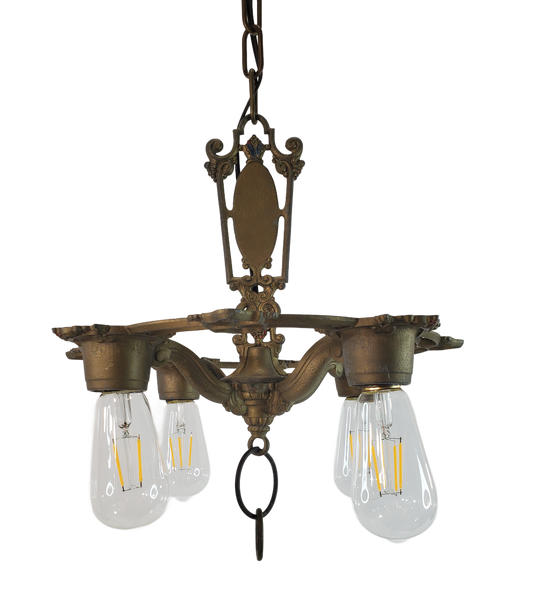 1920s Antique Art Deco 4 Light Chandelier by Riddle Co