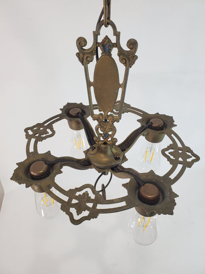 1920s Antique Art Deco 4 Light Chandelier by Riddle Co