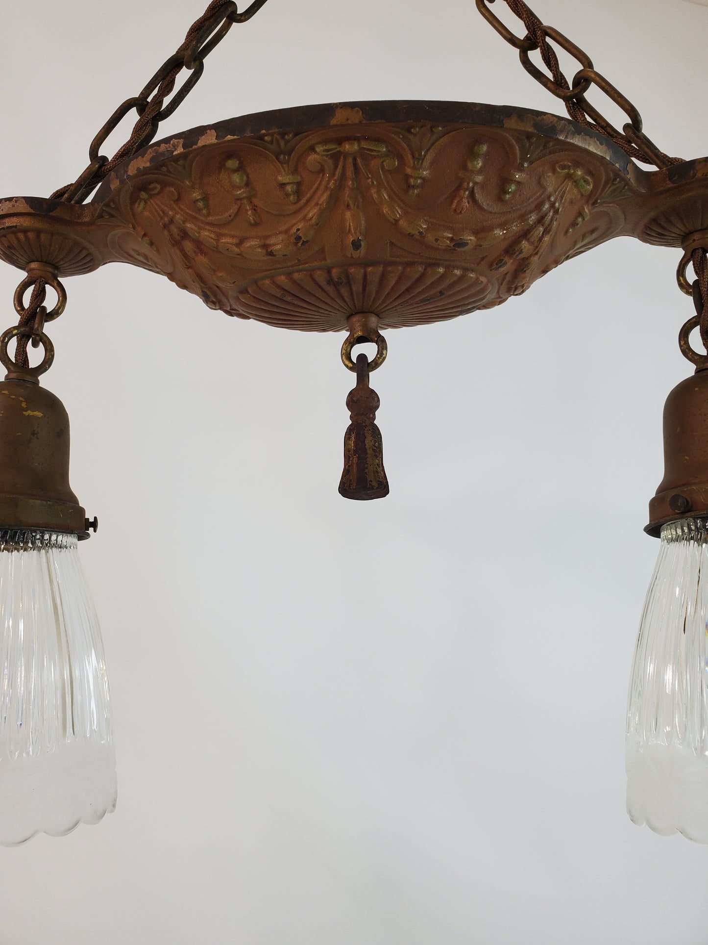 1920s Antique Art Deco Cast Iron 2-Light Chandelier