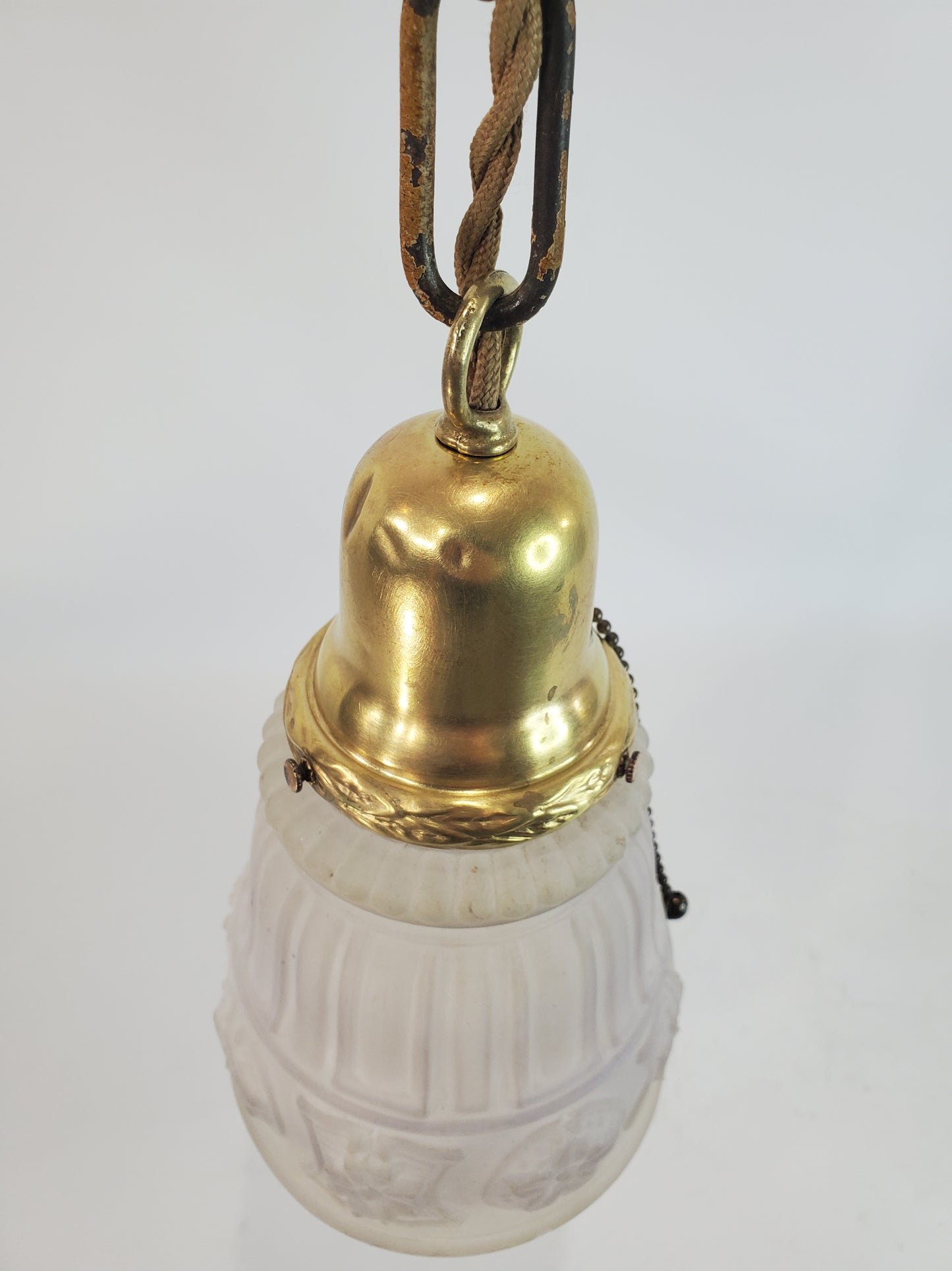 1920s Antique Single Brass Pendant Light Fixture With Shade