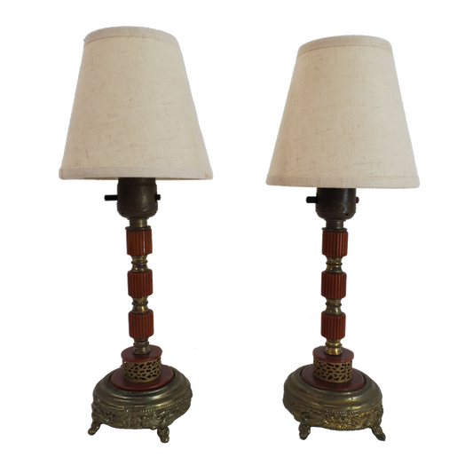 1920s Brass Filigree and Butterscotch Bakelite Boudoir Table Lamp Pair