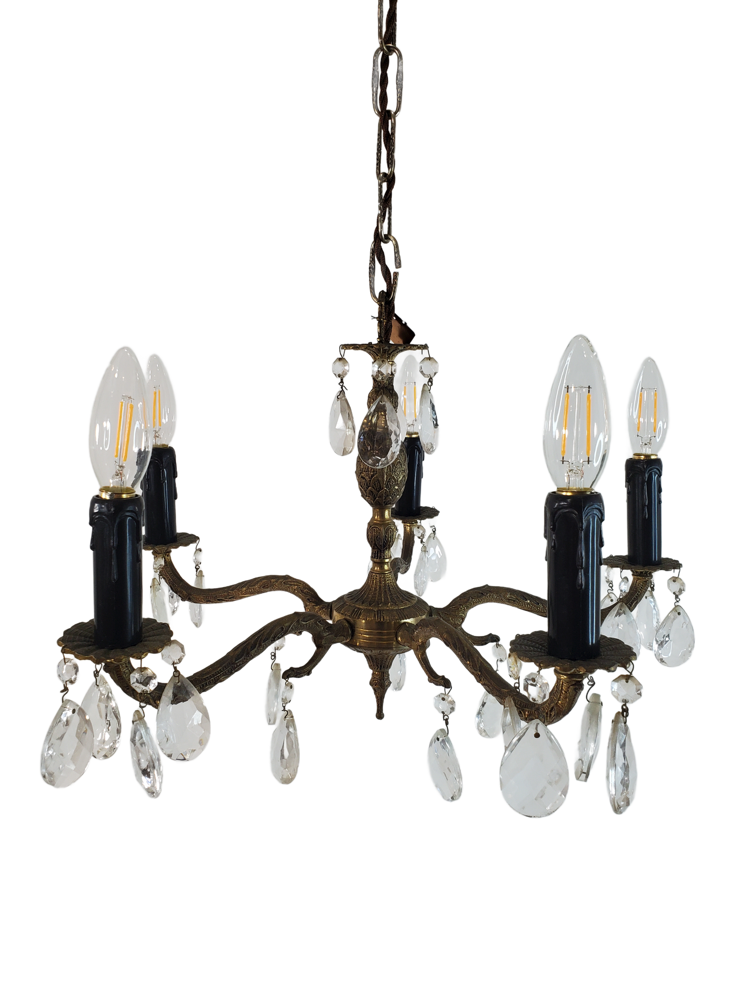 1940’s Spanish Brass and Crystal 5 Light Chandelier