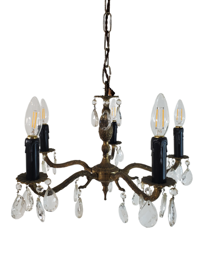 1940’s Spanish Brass and Crystal 5 Light Chandelier