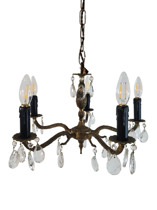 1940’s Spanish Brass and Crystal 5 Light Chandelier