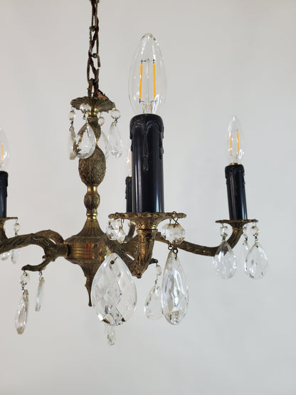 1940’s Spanish Brass and Crystal 5 Light Chandelier