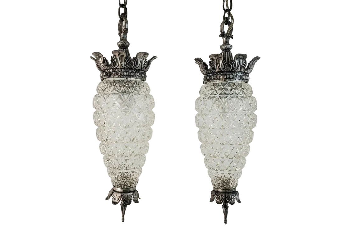 Pair 1970s Fredrick Ramond Acanthus Leaf Pendant Lights