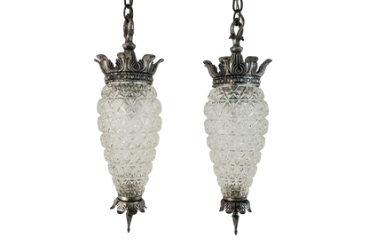 Pair 1970s Fredrick Ramond Acanthus Leaf Pendant Lights