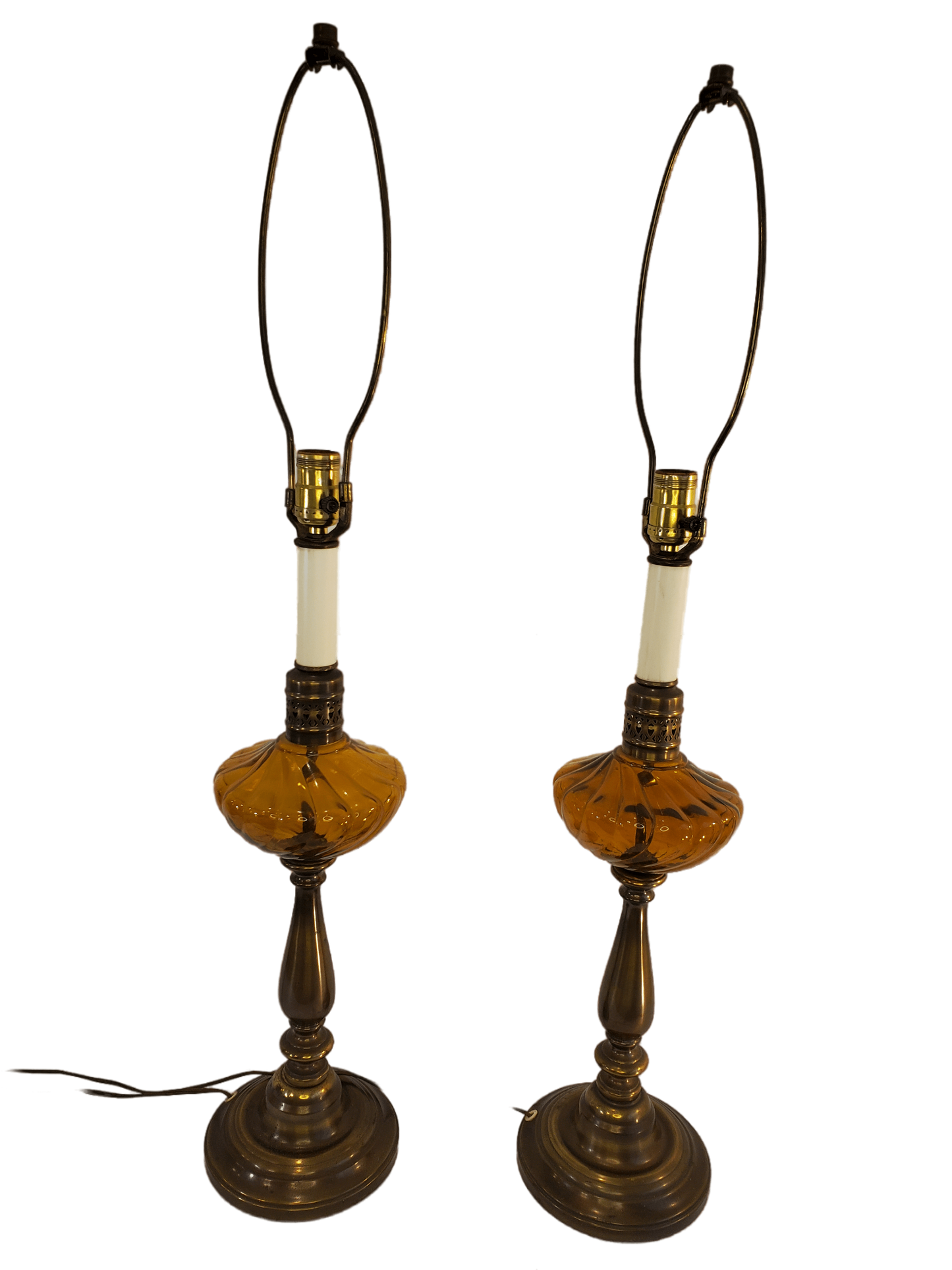 Vintage Brass and Amber Glass Table Lamps