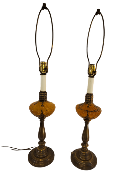 Vintage Brass and Amber Glass Table Lamps