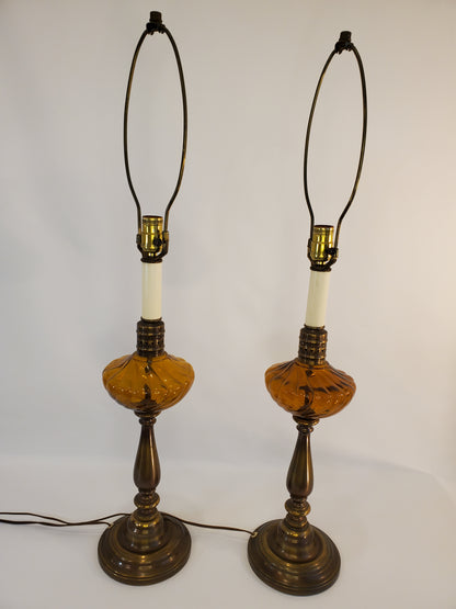 Vintage Brass and Amber Glass Table Lamps