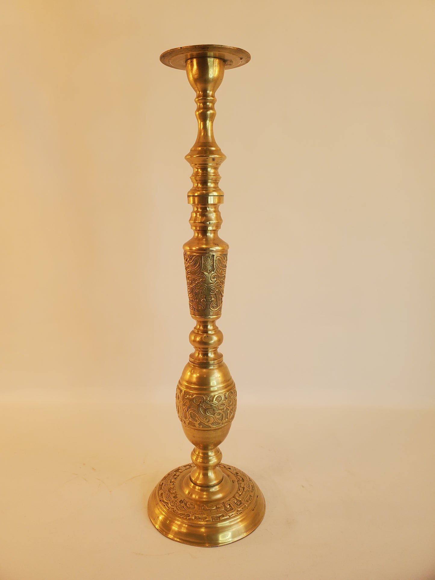 Vintage Tall Asian Inspired Solid Brass Pillar Candle Holder - 23 inch