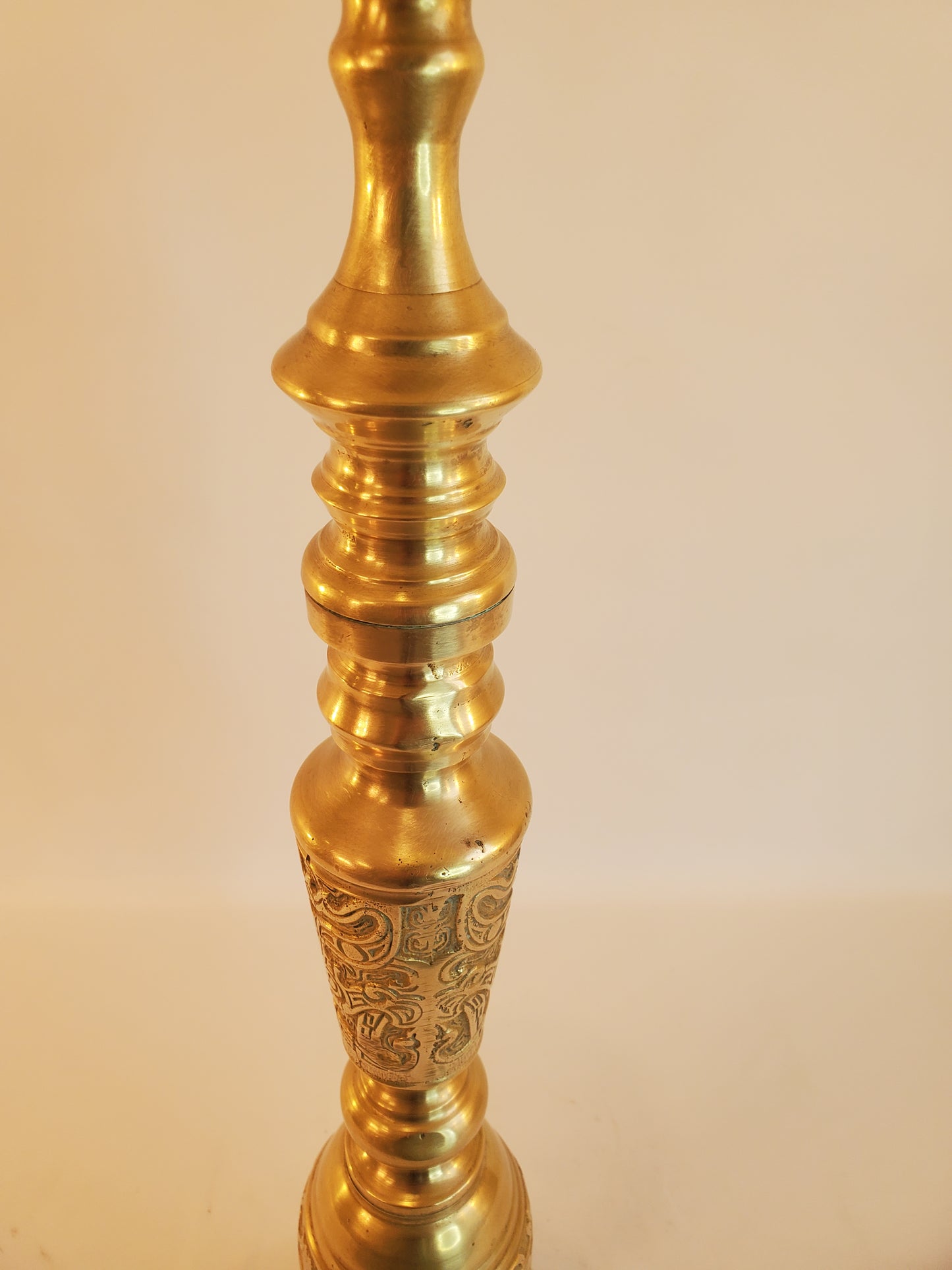 Vintage Tall Asian Inspired Solid Brass Pillar Candle Holder - 23 inch