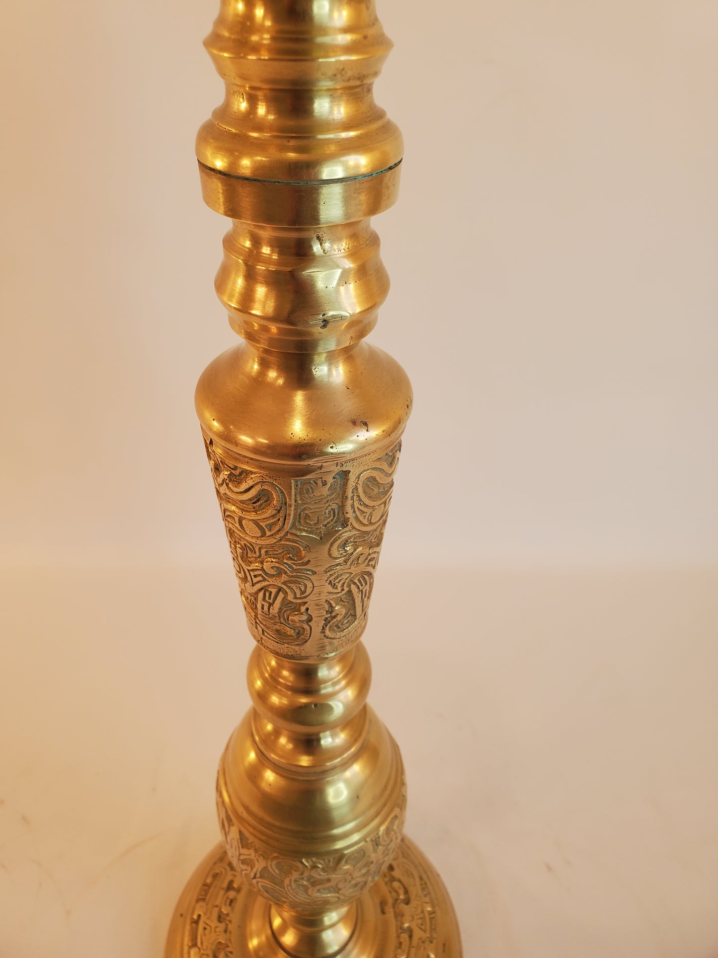 Vintage Tall Asian Inspired Solid Brass Pillar Candle Holder - 23 inch