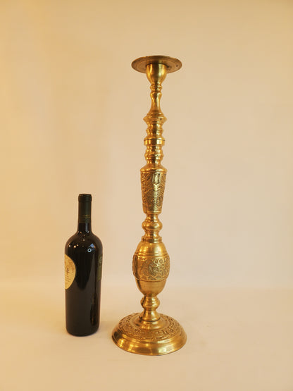 Vintage Tall Asian Inspired Solid Brass Pillar Candle Holder - 23 inch